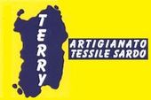 Un logo per  Terry - l'artigianato tessile sardo su sfondo giallo.