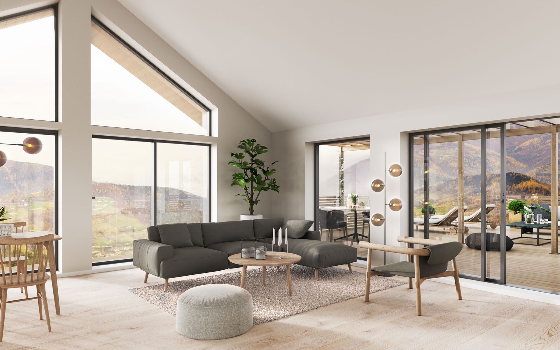 A living room with a couch , chairs , tables and sliding glass doors.
