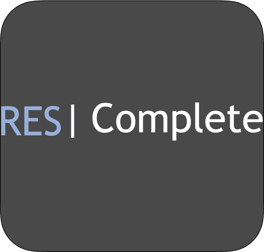 RES | Complete, dark gray rounded rectangle with light blue and white text.
