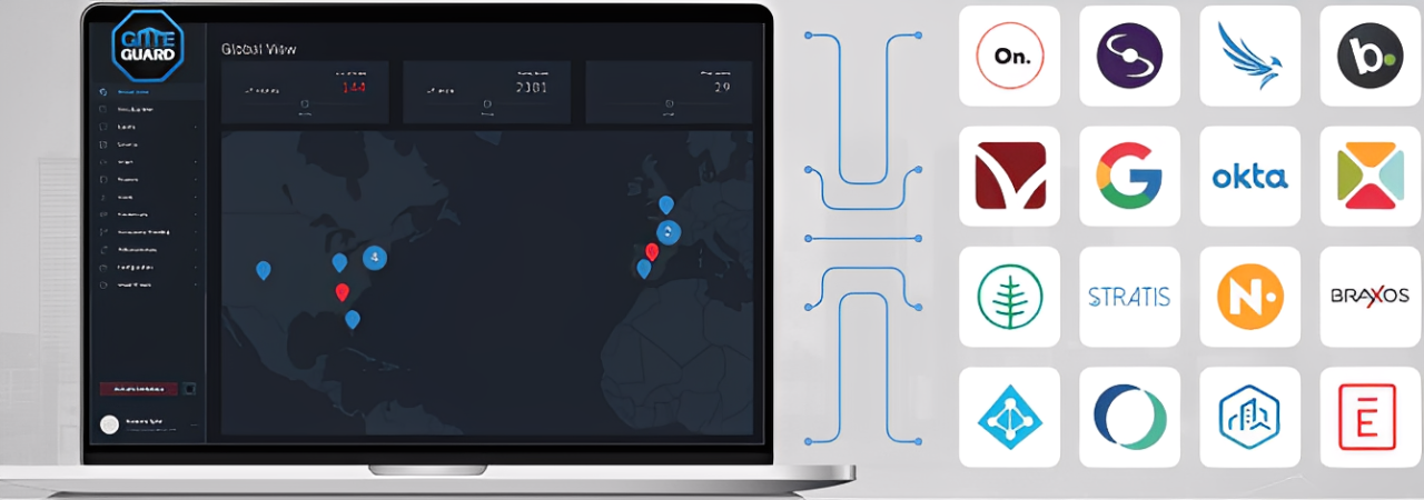 Laptop screen displaying a dark interface with a world map and connected icons.