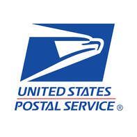 The united states postal service logo is blue and white with an eagle on it.