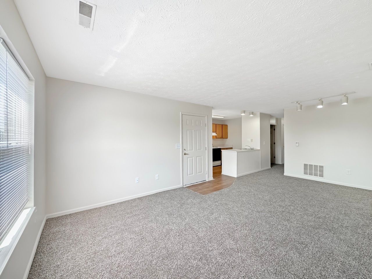 An empty living room with a carpeted floor and a window.