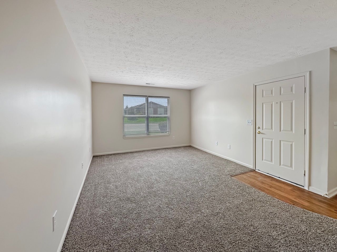 An empty living room with a carpeted floor , two windows and a door.
