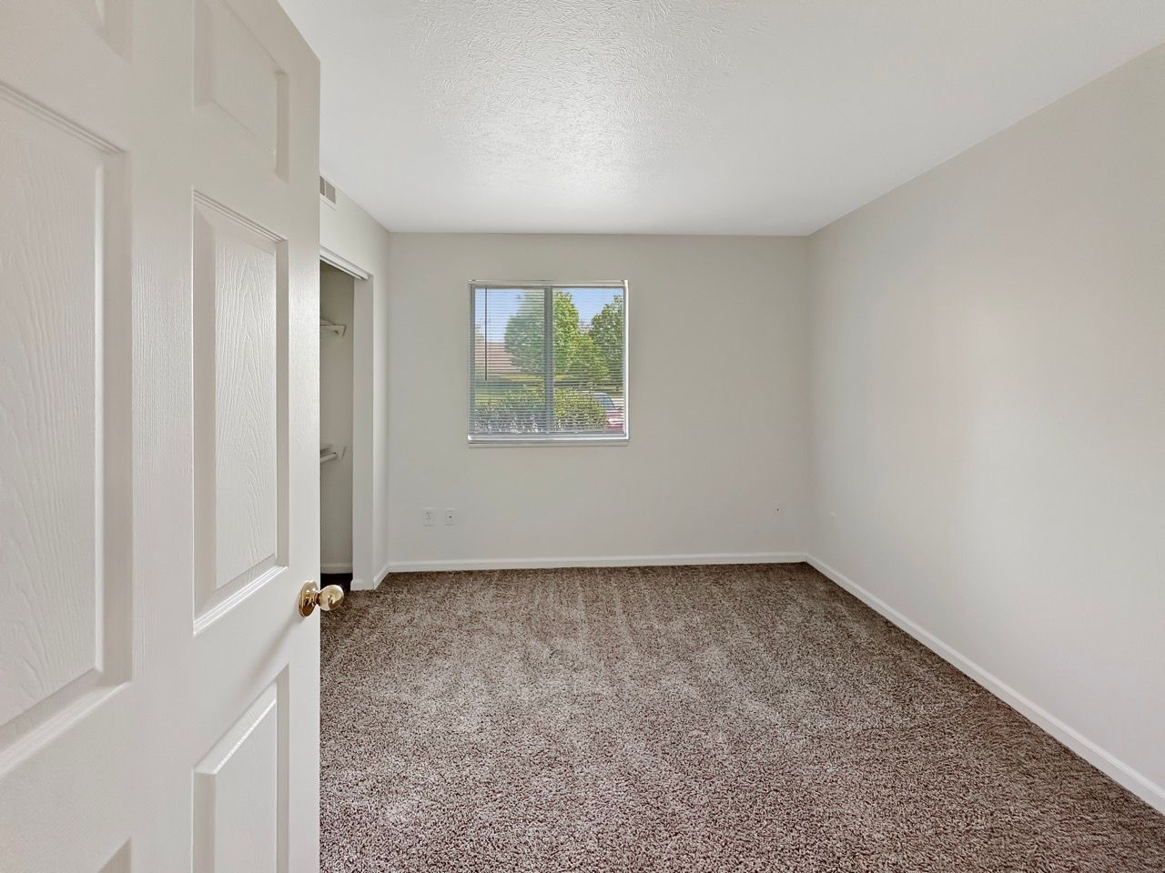 An empty bedroom with a window and a carpeted floor.