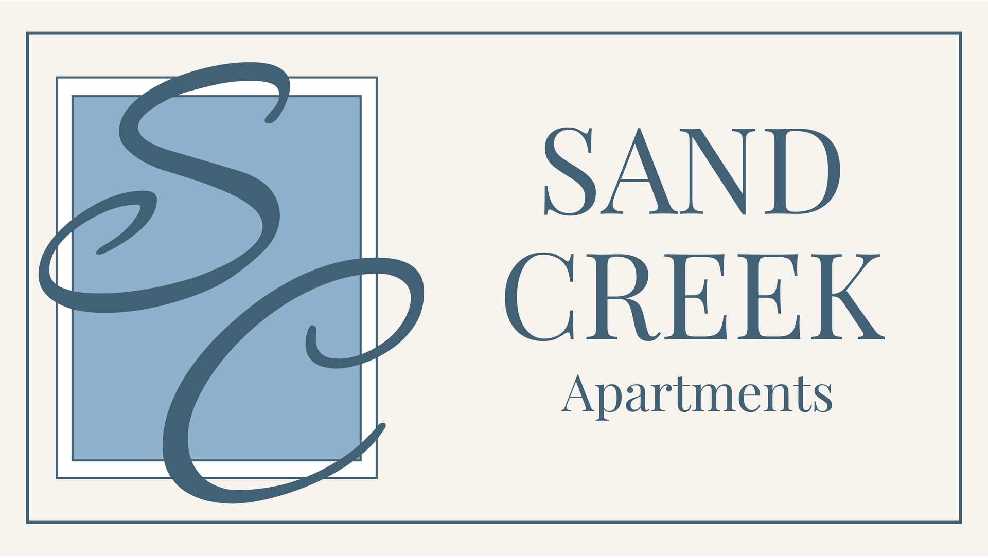 The logo for sand creek apartments is blue and white.