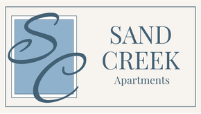 The logo for sand creek apartments is blue and white.