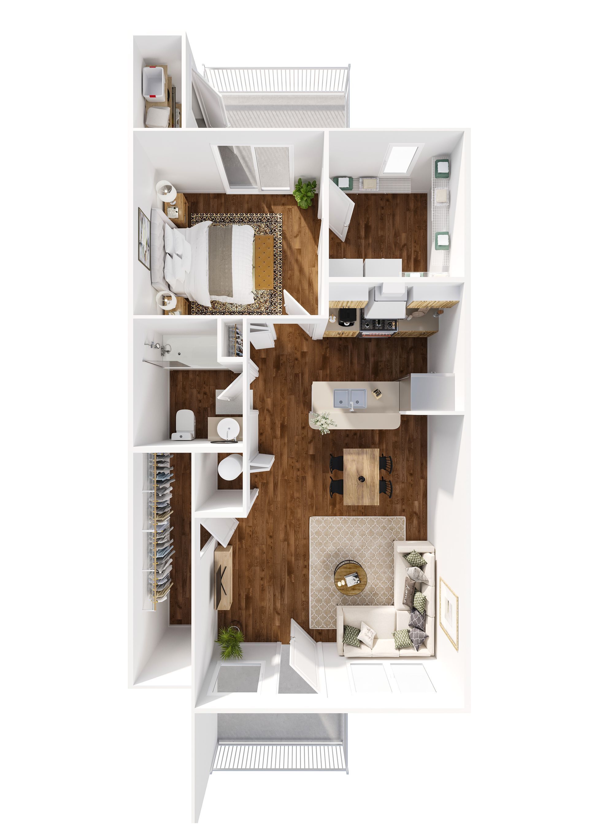 A 3d floor plan of a house with a bedroom , living room , dining room , and bathroom.