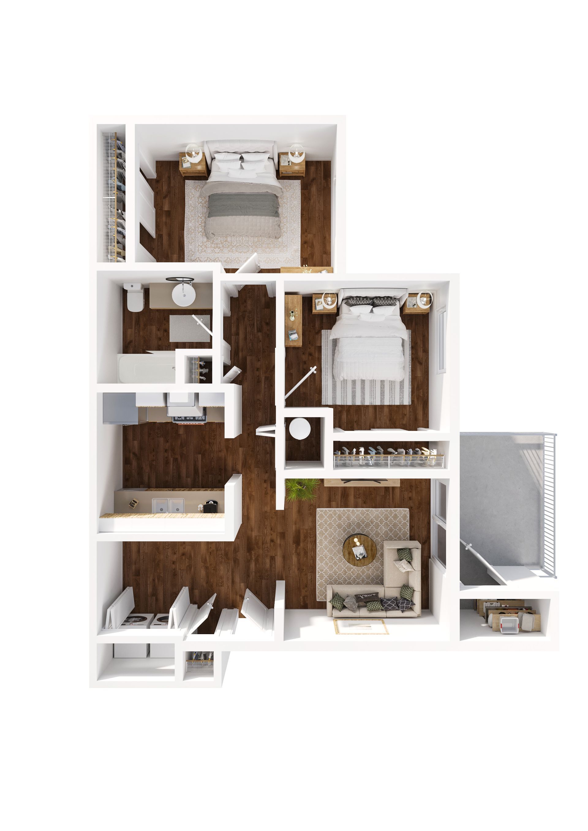 A 3d floor plan of a house with a bedroom , living room , and kitchen.