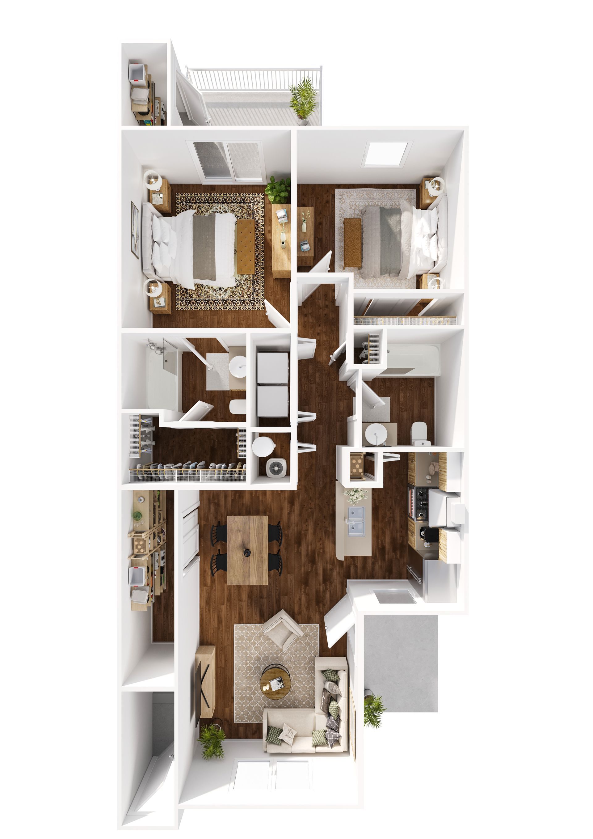 A 3d floor plan of a house with three bedrooms and a balcony.