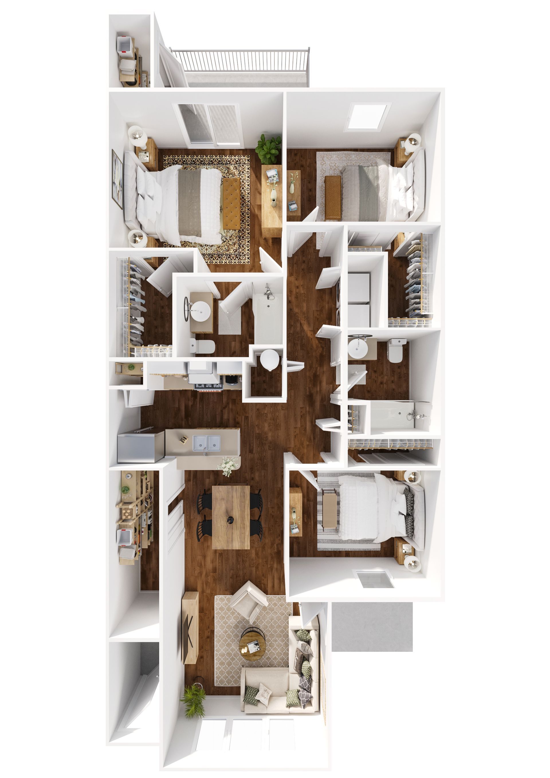 A 3d floor plan of a house with four bedrooms and two bathrooms.