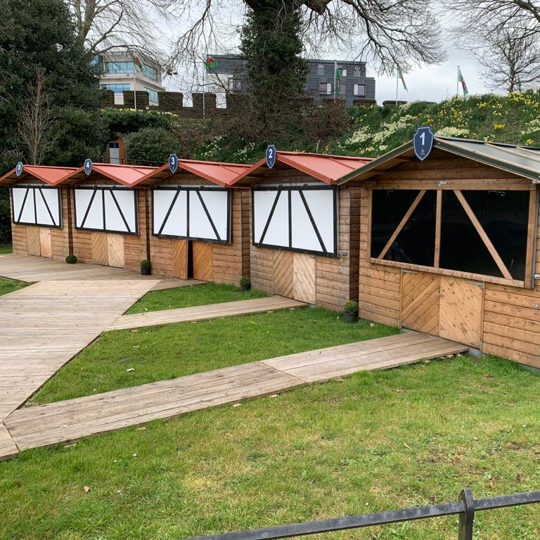 A row of 10' x 8' Market chalet sheds at Cardiff Castle.