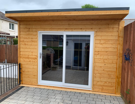 PVC Sliding doors or French doors with a flat roof. secure and with metal box profile sheets on the roof. 12' x 8' Pent Contemporary pictured