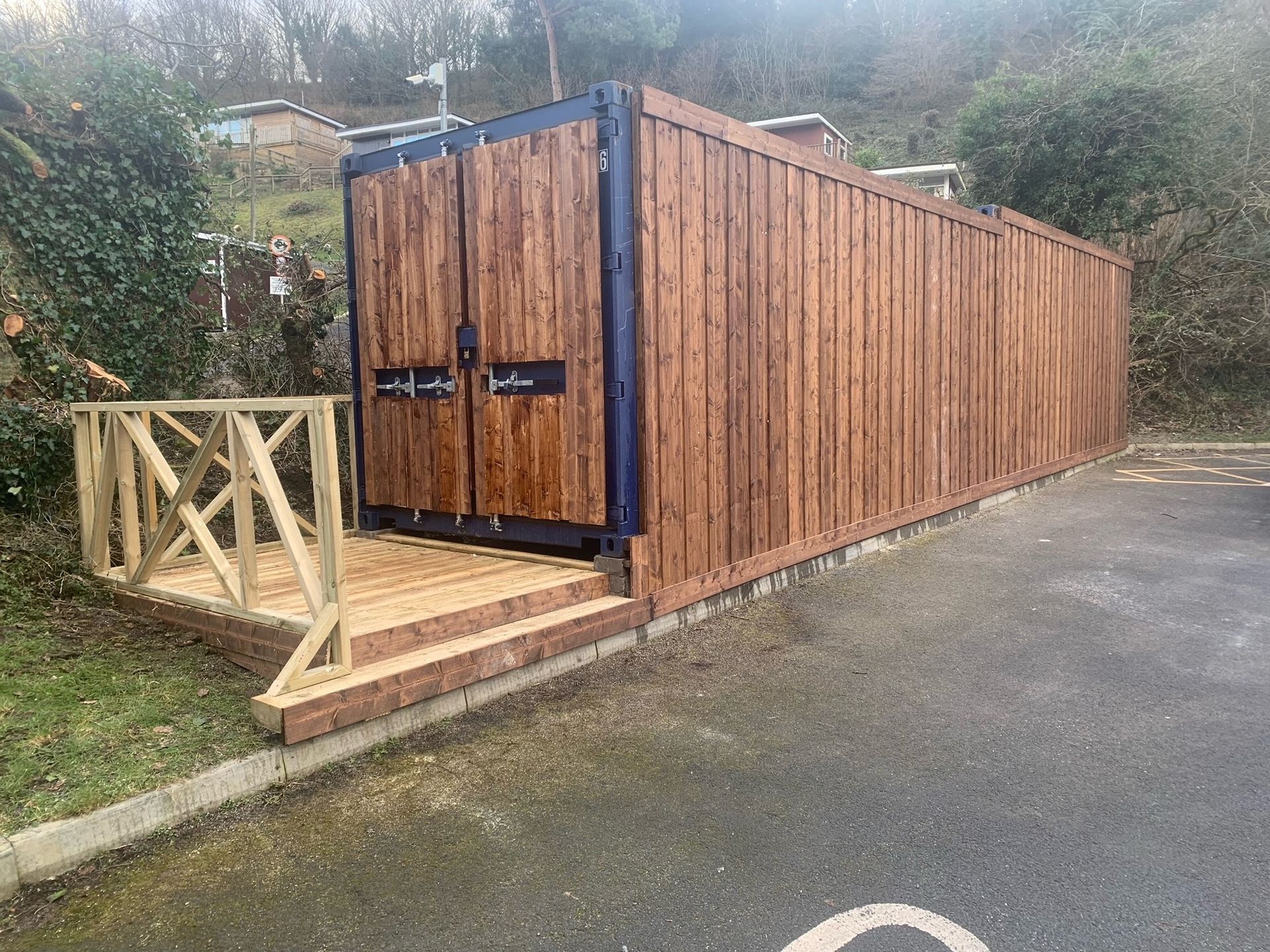 Caswell Hill Car Park with storage containers installed and cladded. Swansea