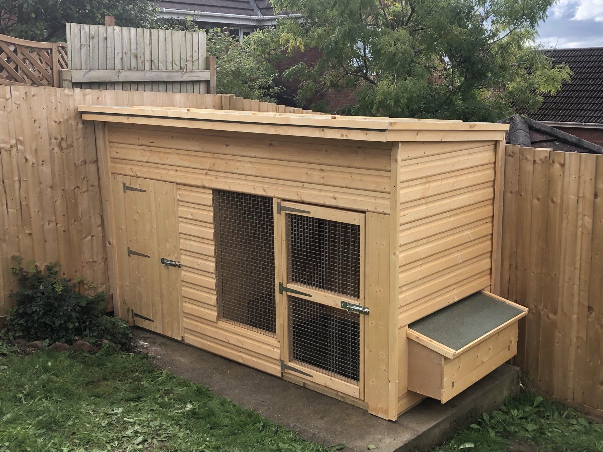 Our kennel style used for a chicken shed and run. 9' x 4' with nest box on the 4' side. Perfect to house chickens at home.