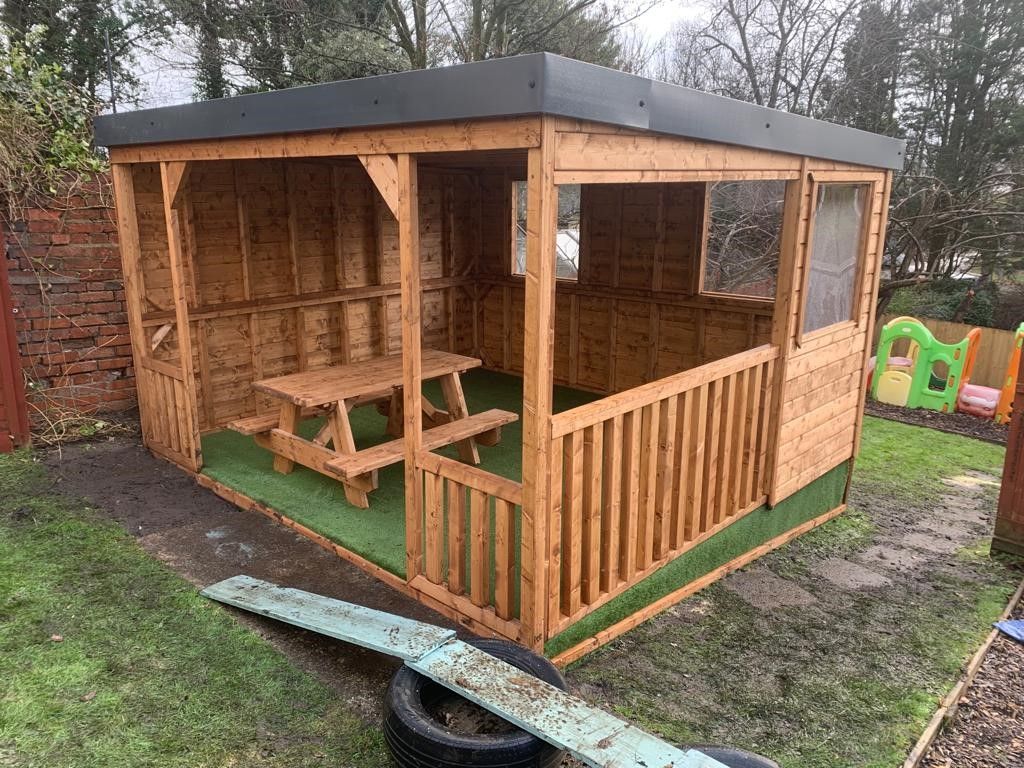 Bespoke design by the customer, built by the team at seven sisters sawmills sheds ltd. Even the picnic tables.