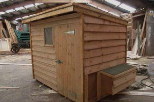 6' x 4' Chicken shed in a different style. Nest box and shutter on the same side. door to access and window is on the other side.