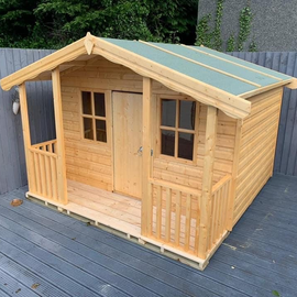 Playhouse with a 3' veranda. 4 pane georgian windows and door with gaps on the top and bottom so no fingers jamming. continuous hinge on the door with a gap for safety. Many other safety features available