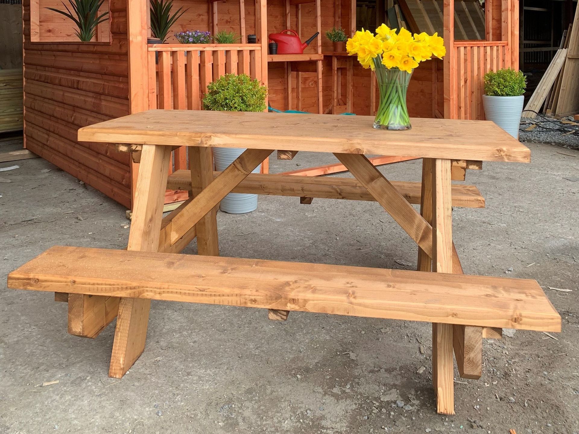 Low height picnic table on display.