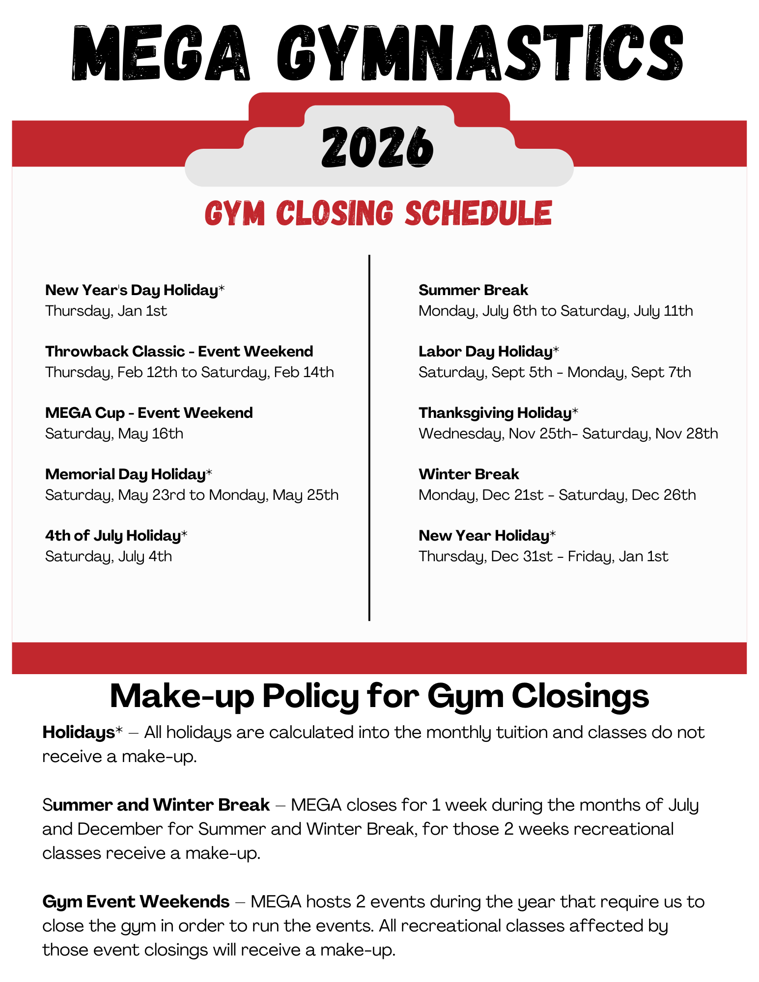 Gym Closings 2026