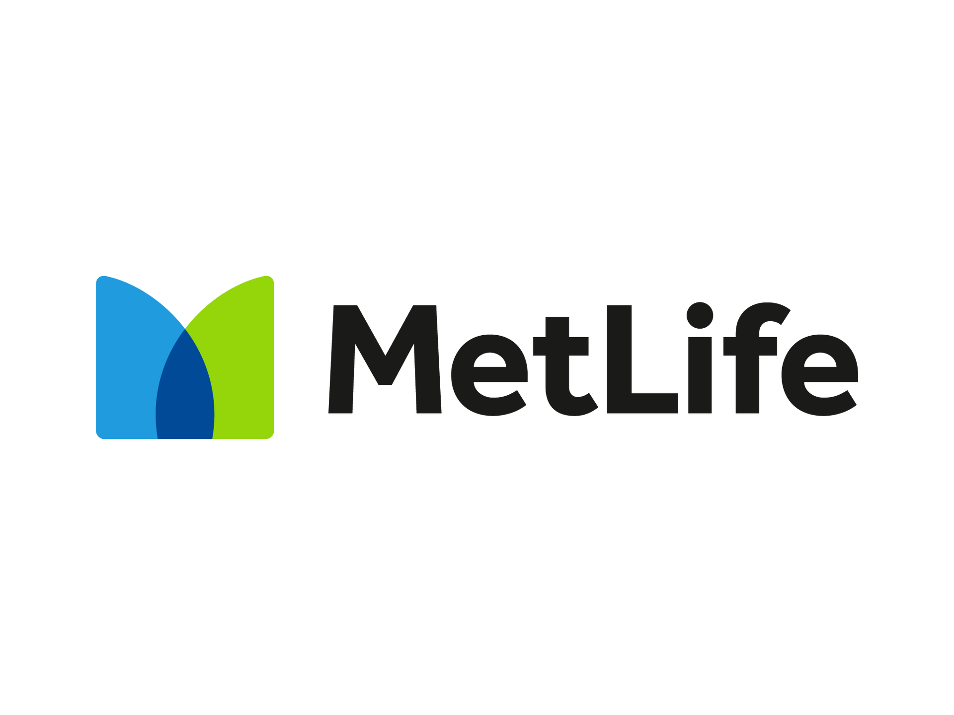 A metlife logo with a blue and green m on a white background.