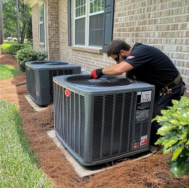 Technician repairing a gray outdoor air conditioning unit beside a brick house