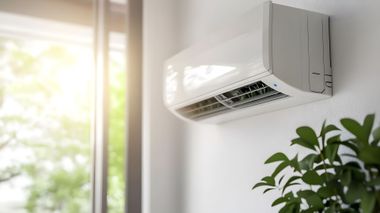 White wall-mounted air conditioner above a green plant near a bright window.