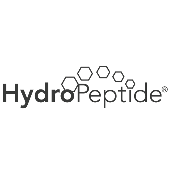 The logo for hydropeptide is black and white and looks like a honeycomb.