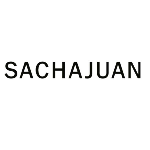 A black and white logo for sachajuan on a white background.