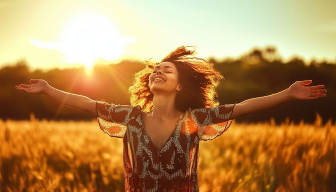 Image of a woman standing in a field with her arms open wide and the sun shining