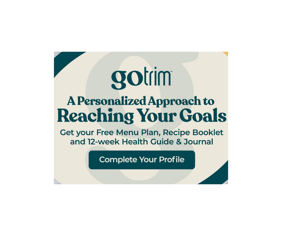A graphic talking about the GoTrim weight loss profile, stating get your free menu plan, recipe booklet, 12-week health guide, and journal.