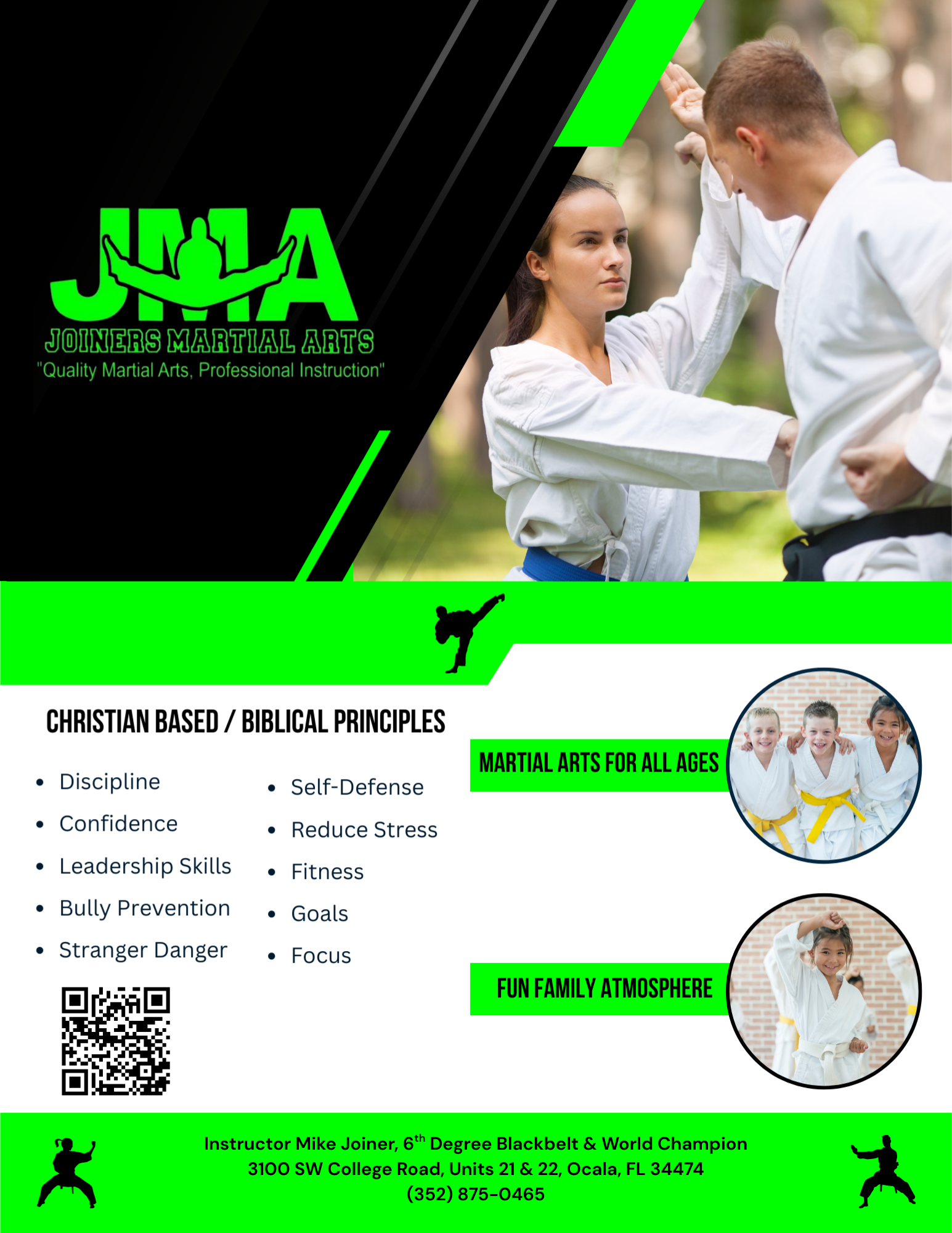 Flyer promoting martial arts instruction: Christian-based, all ages, family atmosphere; green, black, white.