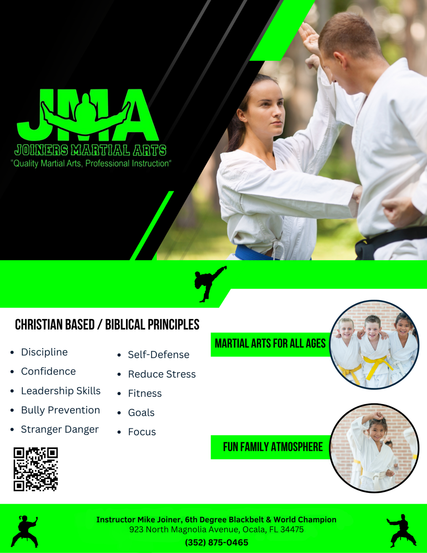 Flyer promoting martial arts instruction: Christian-based, all ages, family atmosphere; green, black, white.