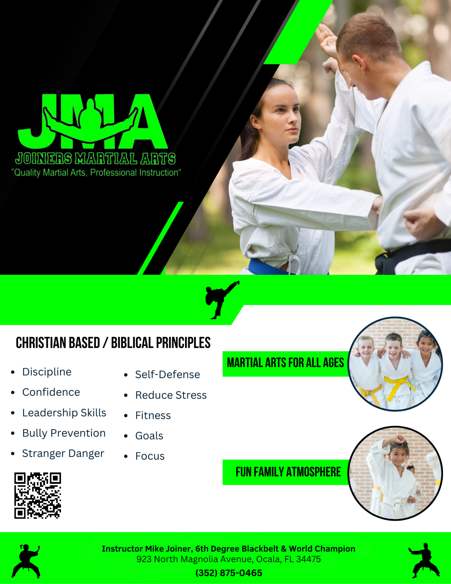 Martial arts flyer. JMA logo. Students in karate uniforms. Christian values emphasized, family atmosphere, all ages.