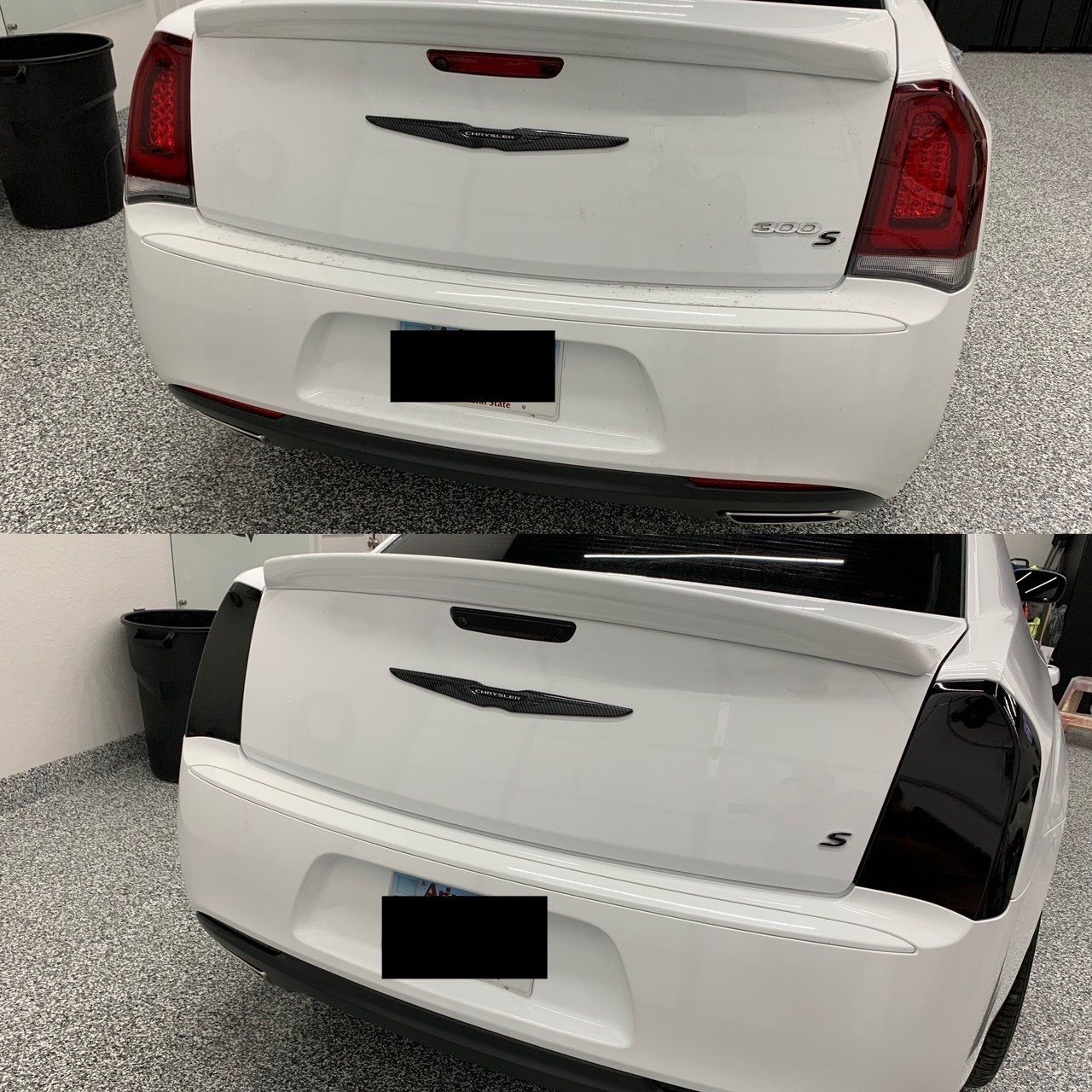 Two pictures of a white car with black tail lights