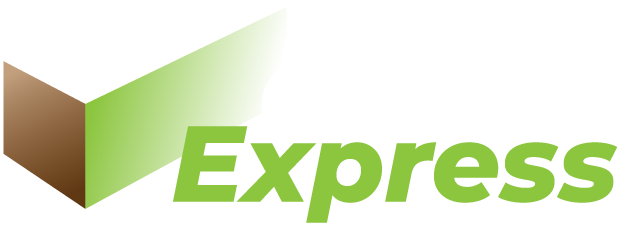 Brown and green Express logo with a stylized open book icon