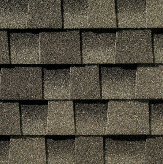 Dark brown asphalt roof shingles.