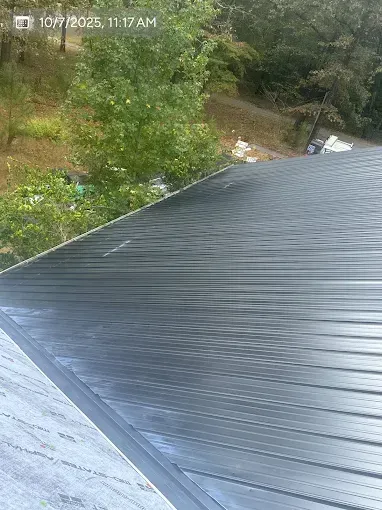 Black metal roof with trees and hillside in the background, daytime.