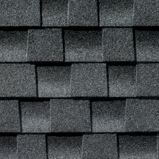 Dark gray asphalt roof shingles.