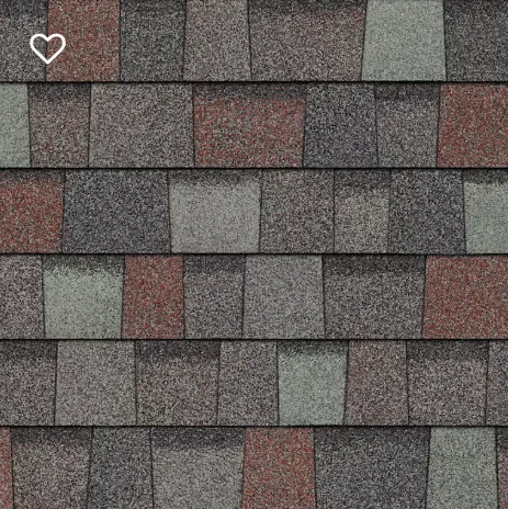 Multi-colored asphalt roof shingles in red, green, gray and brown hues.