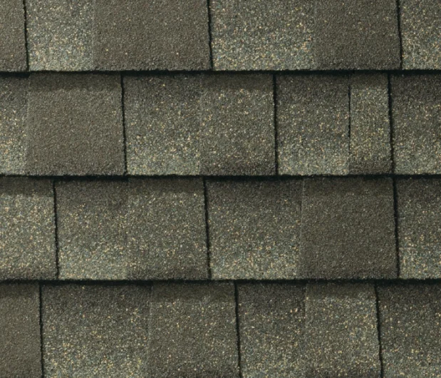 Dark gray asphalt roof shingles.