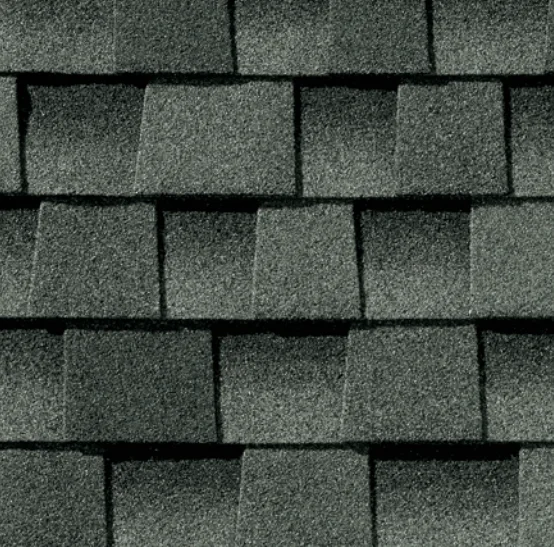 Dark gray asphalt roof shingles.