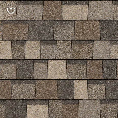 Close-up of asphalt roof shingles in shades of brown and tan.