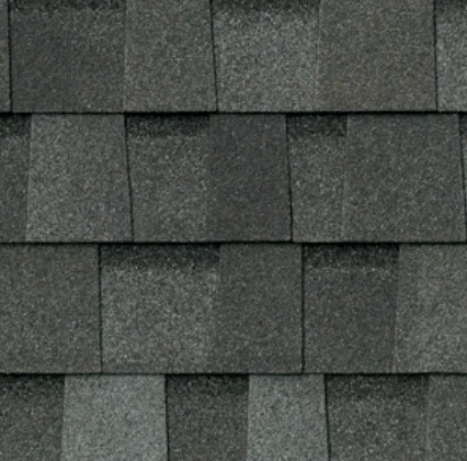 Dark gray asphalt roof shingles.