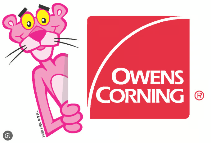 Pink Panther and Owens Corning logo. The Panther peeks from behind a red square with the company name.