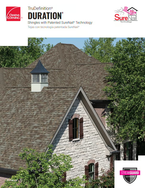 A house with brown roof shingles. A logo indicating shingles with SureNail technology.