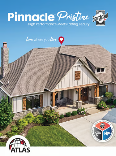 House with brown roof, Pinnacle Pristine roofing ad.