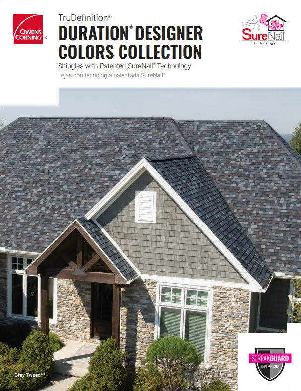 Owens Corning roofing ad: house with gray and brown shingles, designer collection colors, SureNail technology.