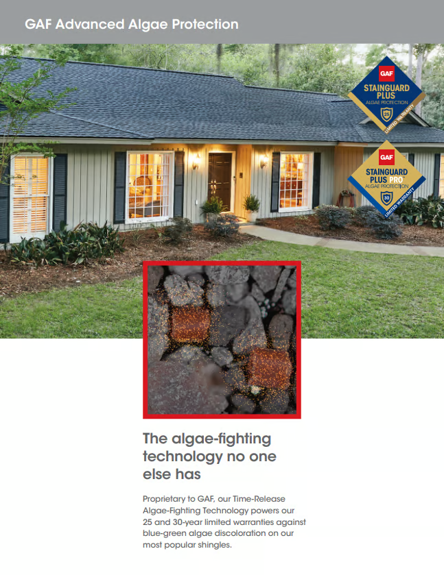 A house with algae protection roofing. Close-up on algae-covered shingles. Two roof product badges displayed.