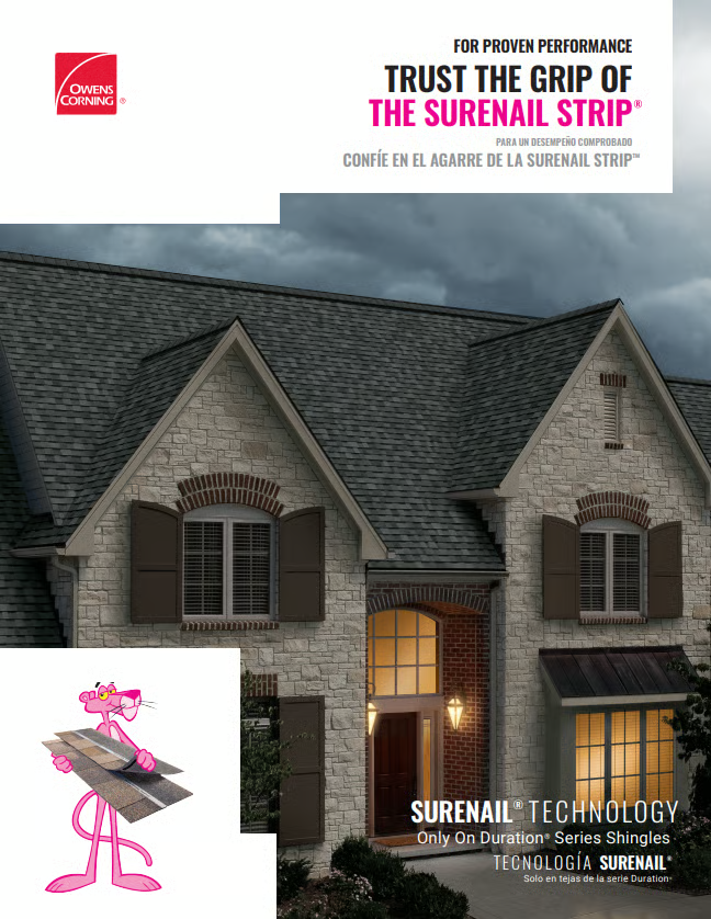 House with gray roof, text: