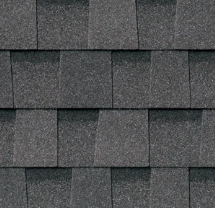 Dark gray asphalt roof shingles in a repeating pattern.